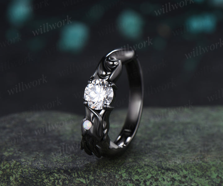 Dragon Inspired Round Moissanite Engagement Ring Black Dragon Opal Accent Fantasy Promise Ring