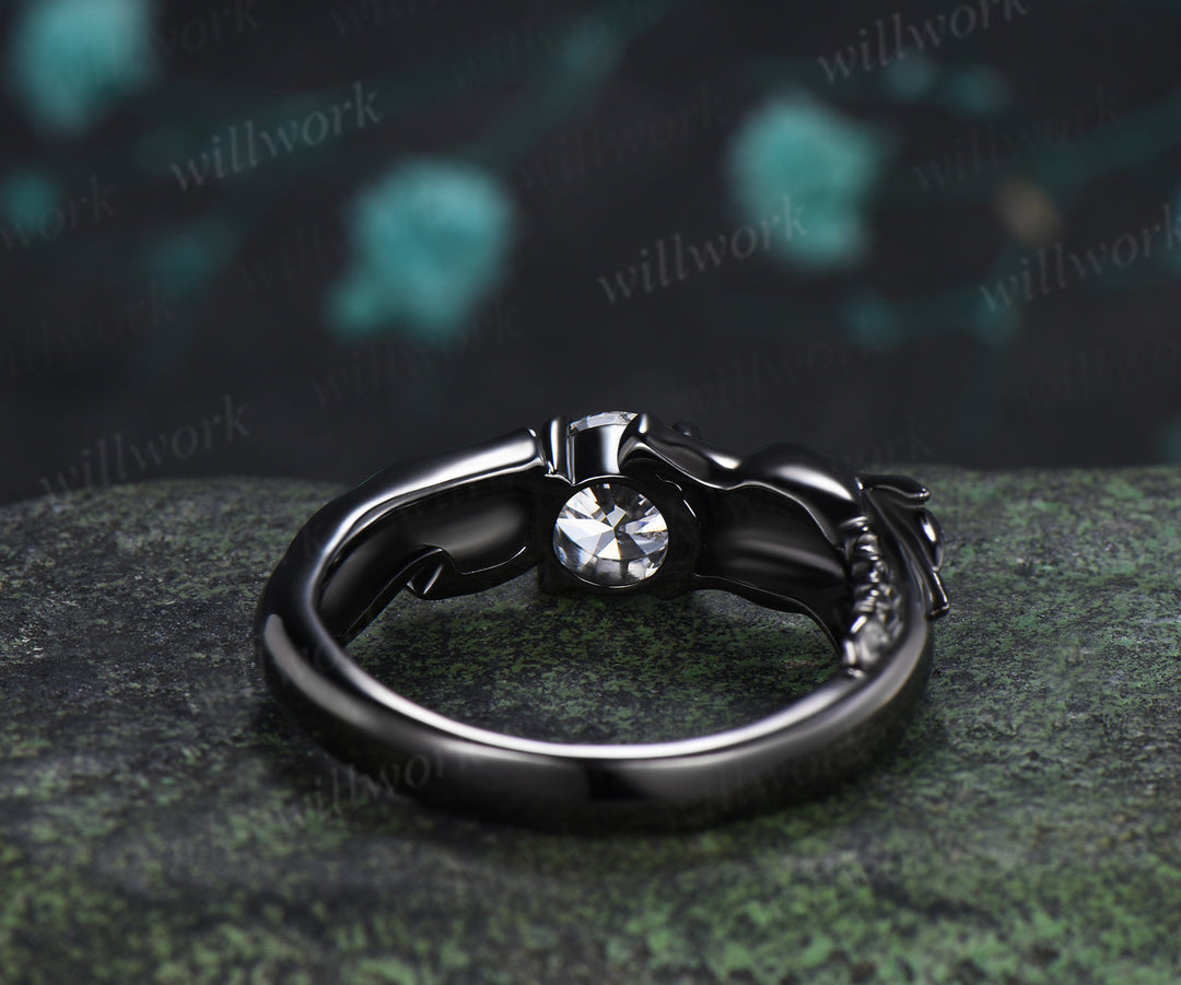 Dragon Inspired Round Moissanite Engagement Ring Black Dragon Opal Accent Fantasy Promise Ring