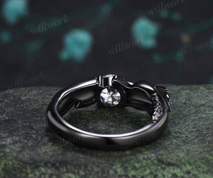 Dragon Inspired Round Moissanite Engagement Ring Black Dragon Opal Accent Fantasy Promise Ring