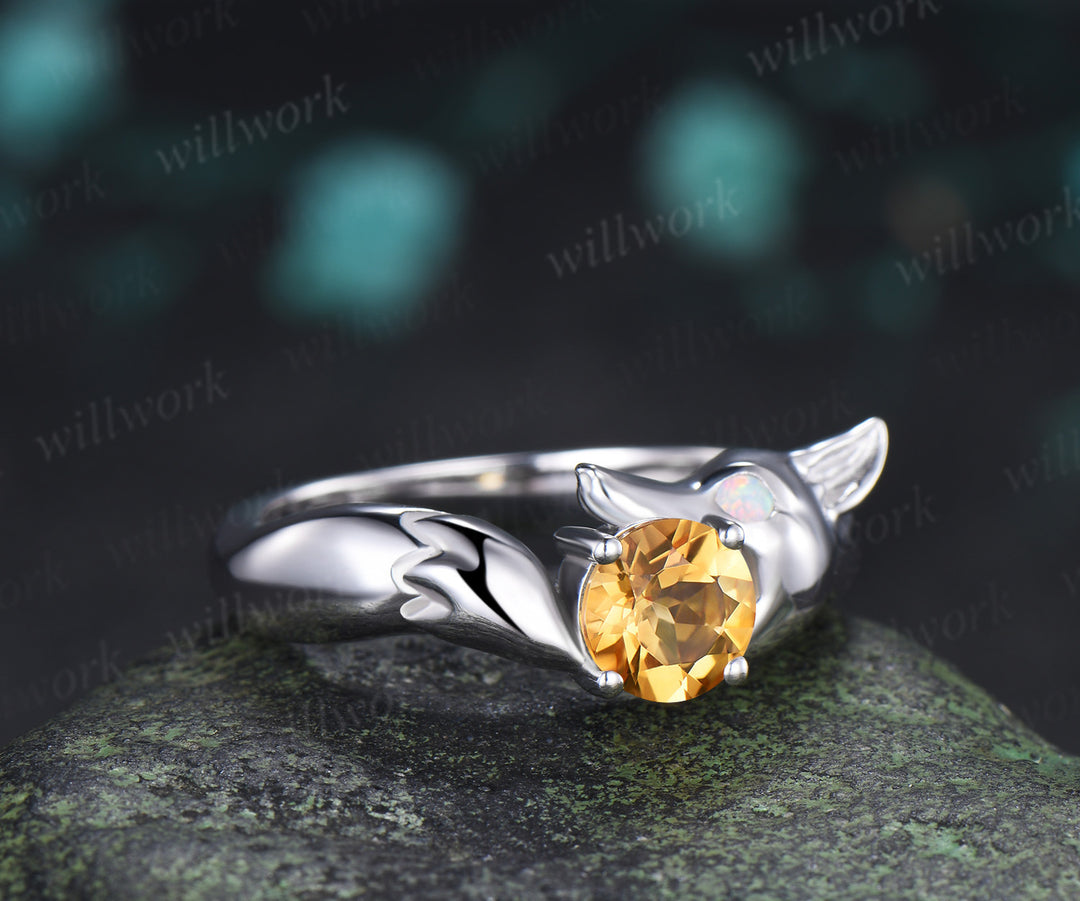 Fox Design Round Citrine Engagement Ring Unique Animal Promise Ring Opal Accent Wedding Jewelry