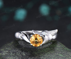 Fox Design Round Citrine Engagement Ring Unique Animal Promise Ring Opal Accent Wedding Jewelry