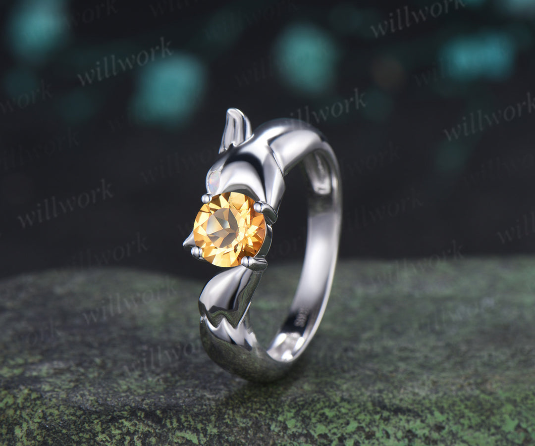 Fox Design Round Citrine Engagement Ring Unique Animal Promise Ring Opal Accent Wedding Jewelry