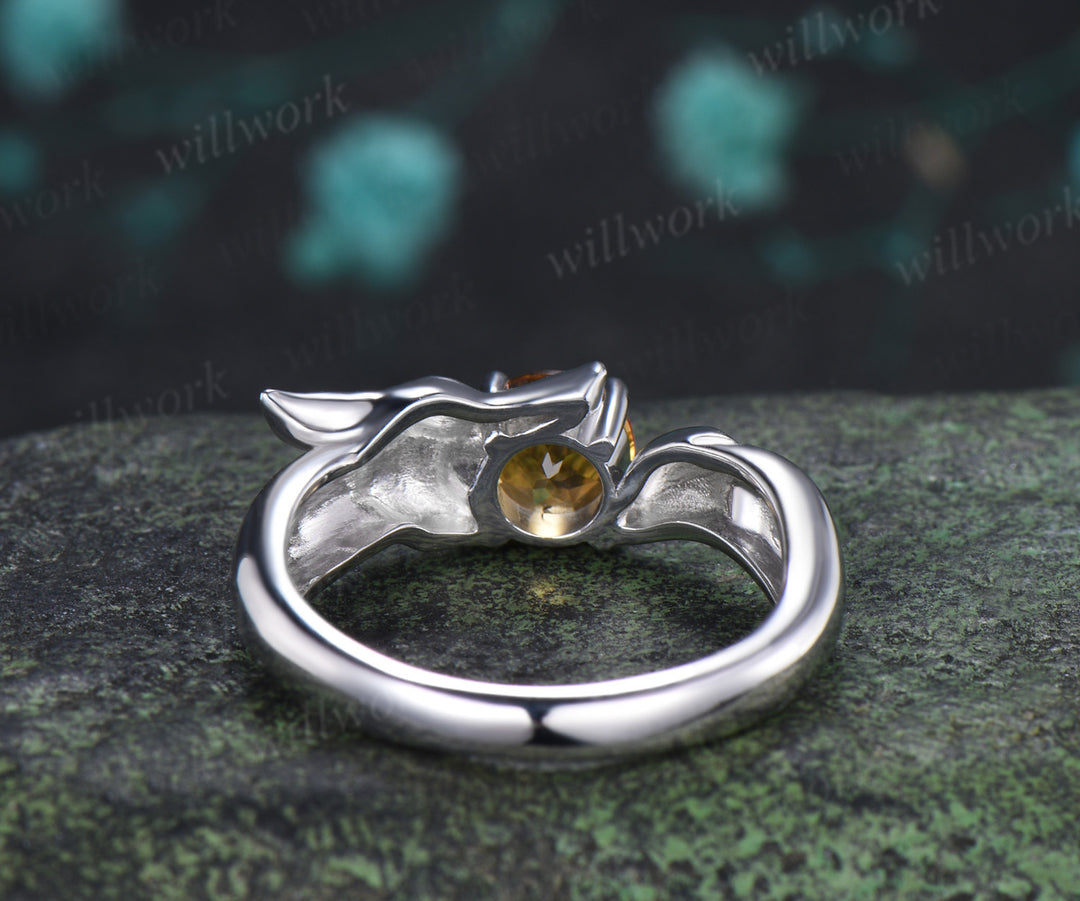Fox Design Round Citrine Engagement Ring Unique Animal Promise Ring Opal Accent Wedding Jewelry