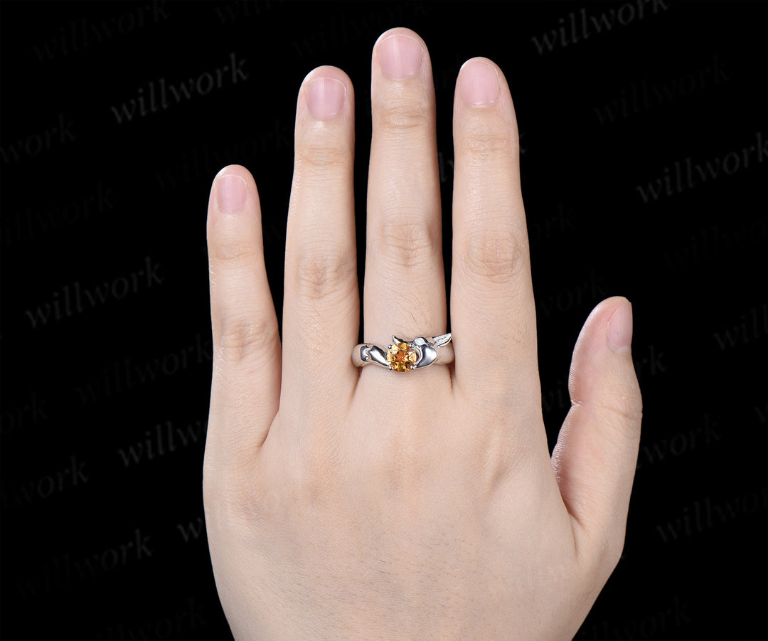 Fox Design Round Citrine Engagement Ring Unique Animal Promise Ring Opal Accent Wedding Jewelry
