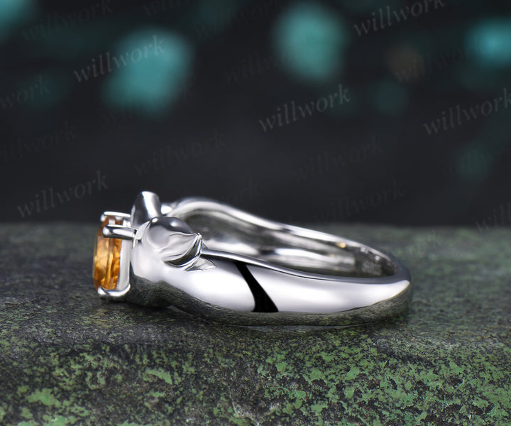 Fox Design Round Citrine Engagement Ring Unique Animal Promise Ring Opal Accent Wedding Jewelry