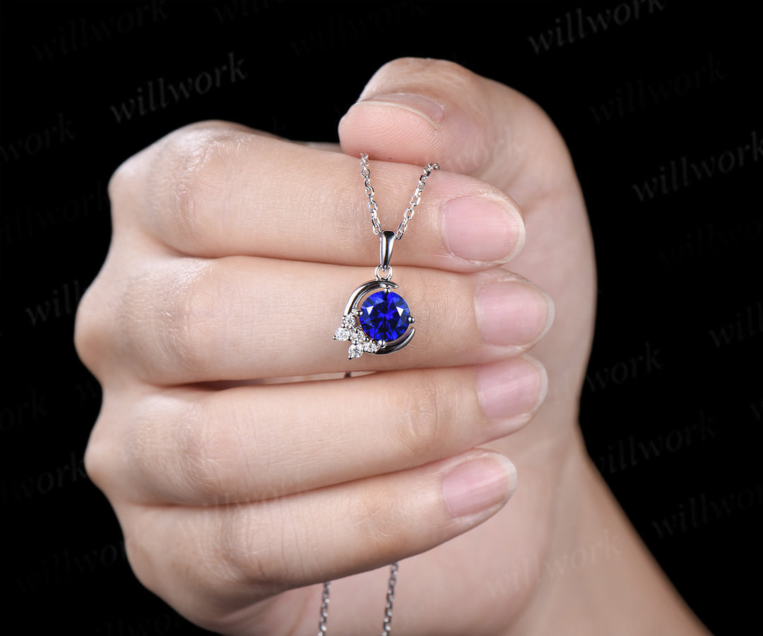 Vintage round sapphire necklace white gold diamonds cluster moon snowdrift pendant women gifts for her