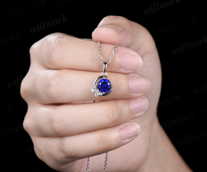 Vintage round sapphire necklace white gold diamonds cluster moon snowdrift pendant women gifts for her