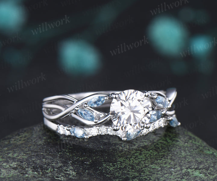 Round lab grown diamond engagement ring marquise aquamarine split shank twisted promise ring wave matching band bridal set