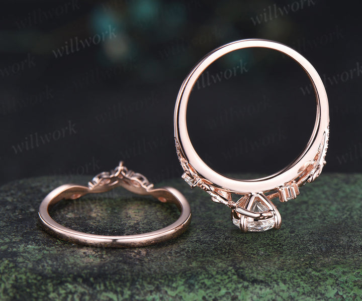 6.5mm round cut IGI Lab grown diamond engagement ring solid 14k 18k rose gold art deco moon leaf vine bridal set gifts for her