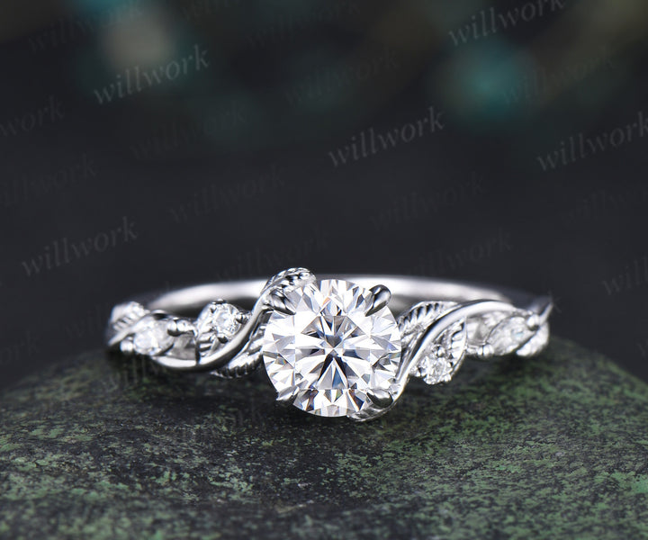 6.5mm Lab grown diamond engagement ring set nature inspired leaf vine ring unique diamond bridal set