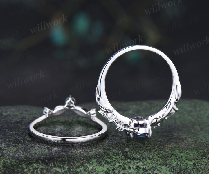 1ct round cut alexandrite engagement ring set twig leaf moissanite accent ring nature inspired bridal set