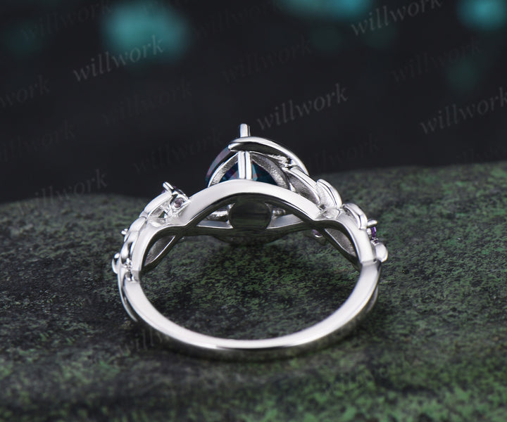 Unique trillion cut alexandrite engagement ring star leaf twig amethyst accent promise ring wedding ring for her