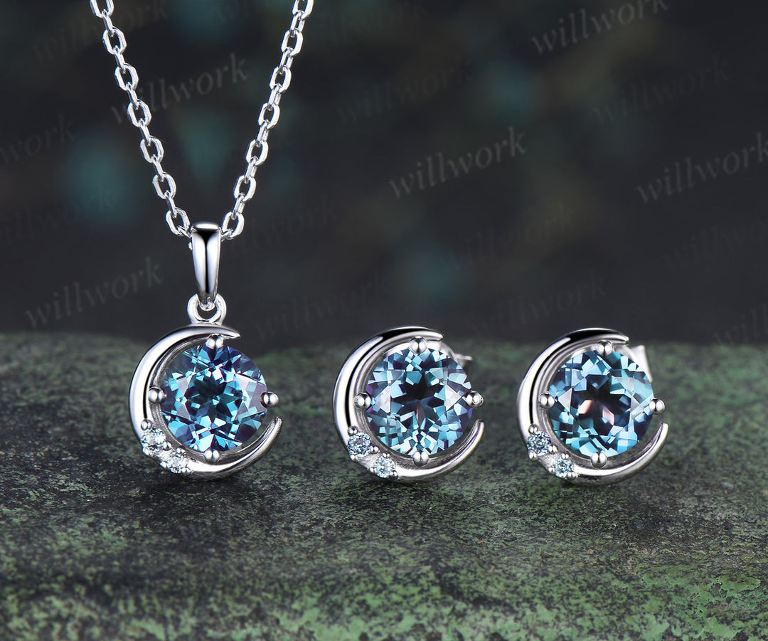 Round cut alexandrite necklace earring set alexandrite cluster unique moon pendant stud earrings jewelry gift