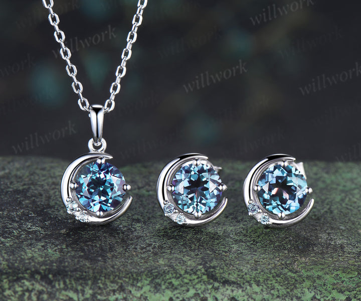 Round cut alexandrite necklace earring set alexandrite cluster unique moon pendant stud earrings jewelry gift