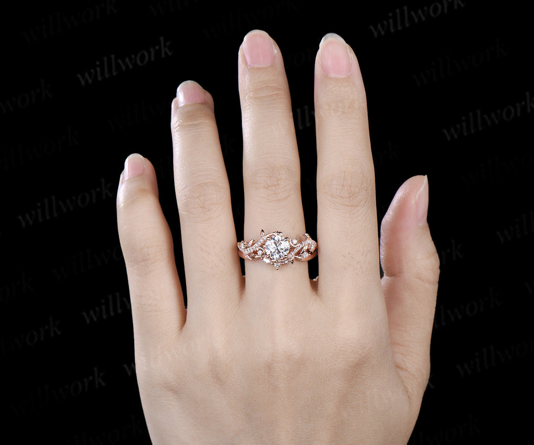 6.5mm round cut IGI Lab grown diamond engagement ring solid 14k 18k rose gold art deco moon leaf vine bridal set gifts for her