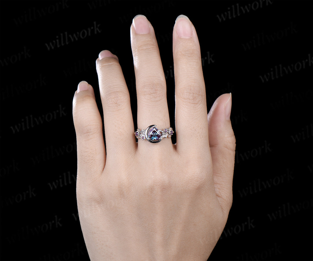 Unique trillion cut alexandrite engagement ring star leaf twig amethyst accent promise ring wedding ring for her