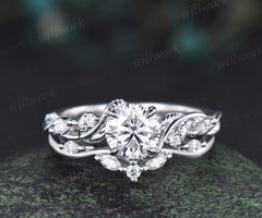 6.5mm Lab grown diamond engagement ring set nature inspired leaf vine ring unique diamond bridal set