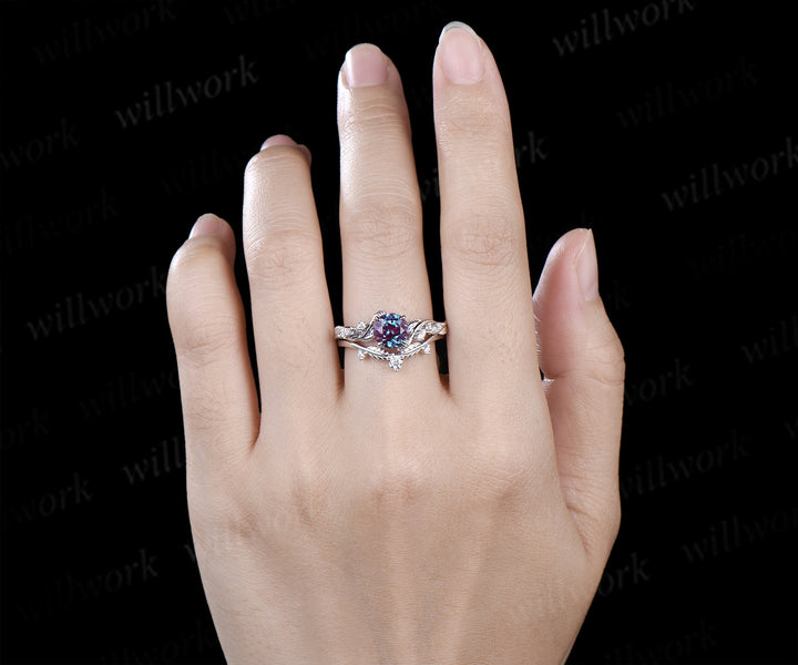 1ct round cut alexandrite engagement ring set twig leaf moissanite accent ring nature inspired bridal set