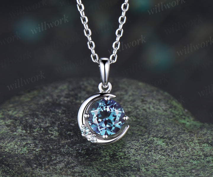 Round cut alexandrite necklace earring set alexandrite cluster unique moon pendant stud earrings jewelry gift