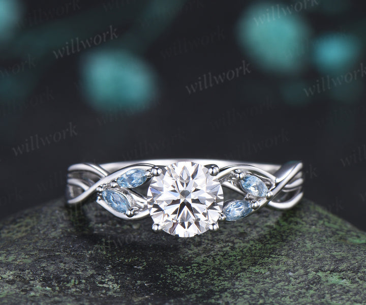 Round lab grown diamond engagement ring marquise aquamarine split shank twisted promise ring wave matching band bridal set