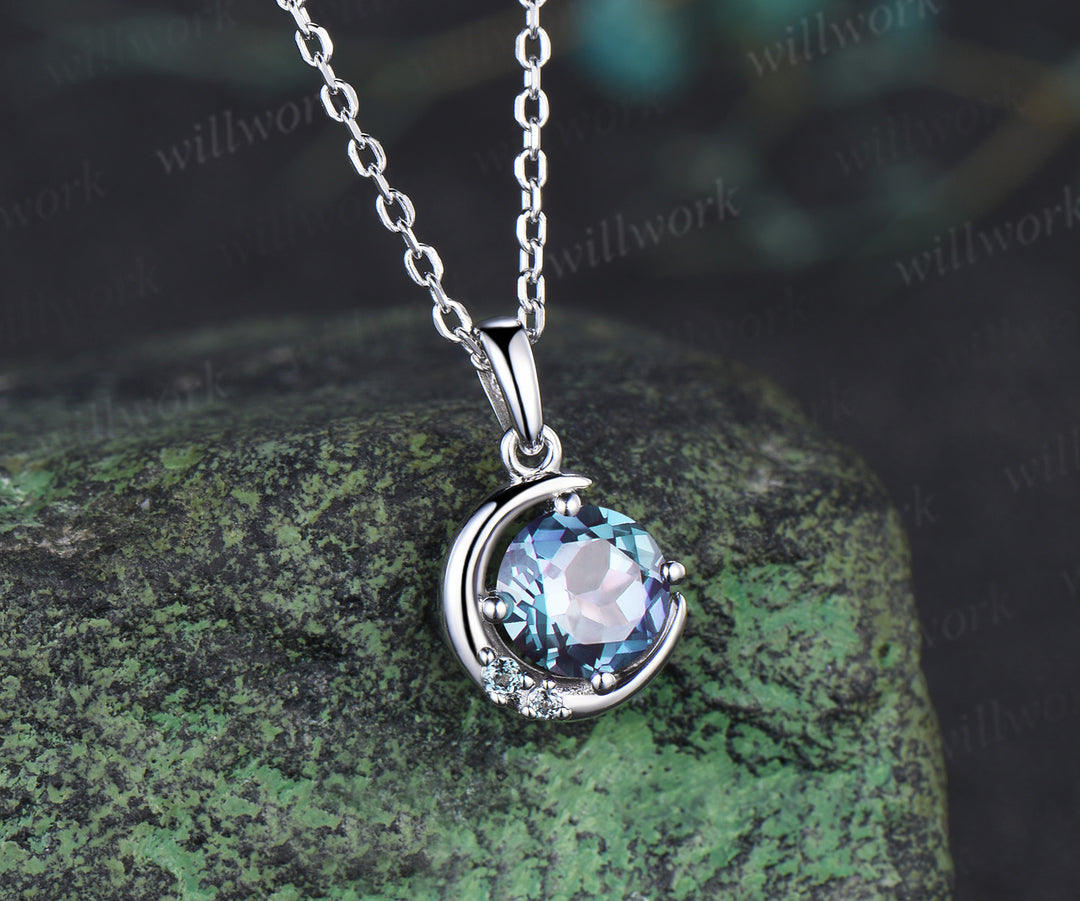 Round cut alexandrite necklace earring set alexandrite cluster unique moon pendant stud earrings jewelry gift