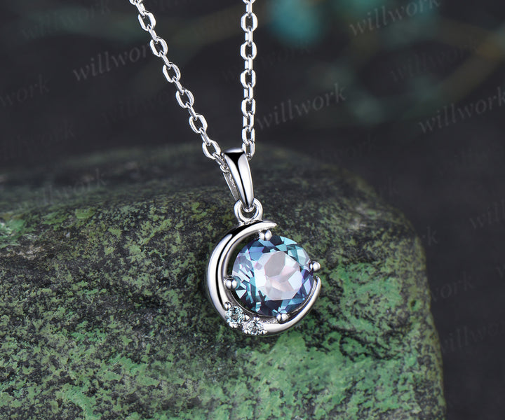 Round cut alexandrite necklace earring set alexandrite cluster unique moon pendant stud earrings jewelry gift