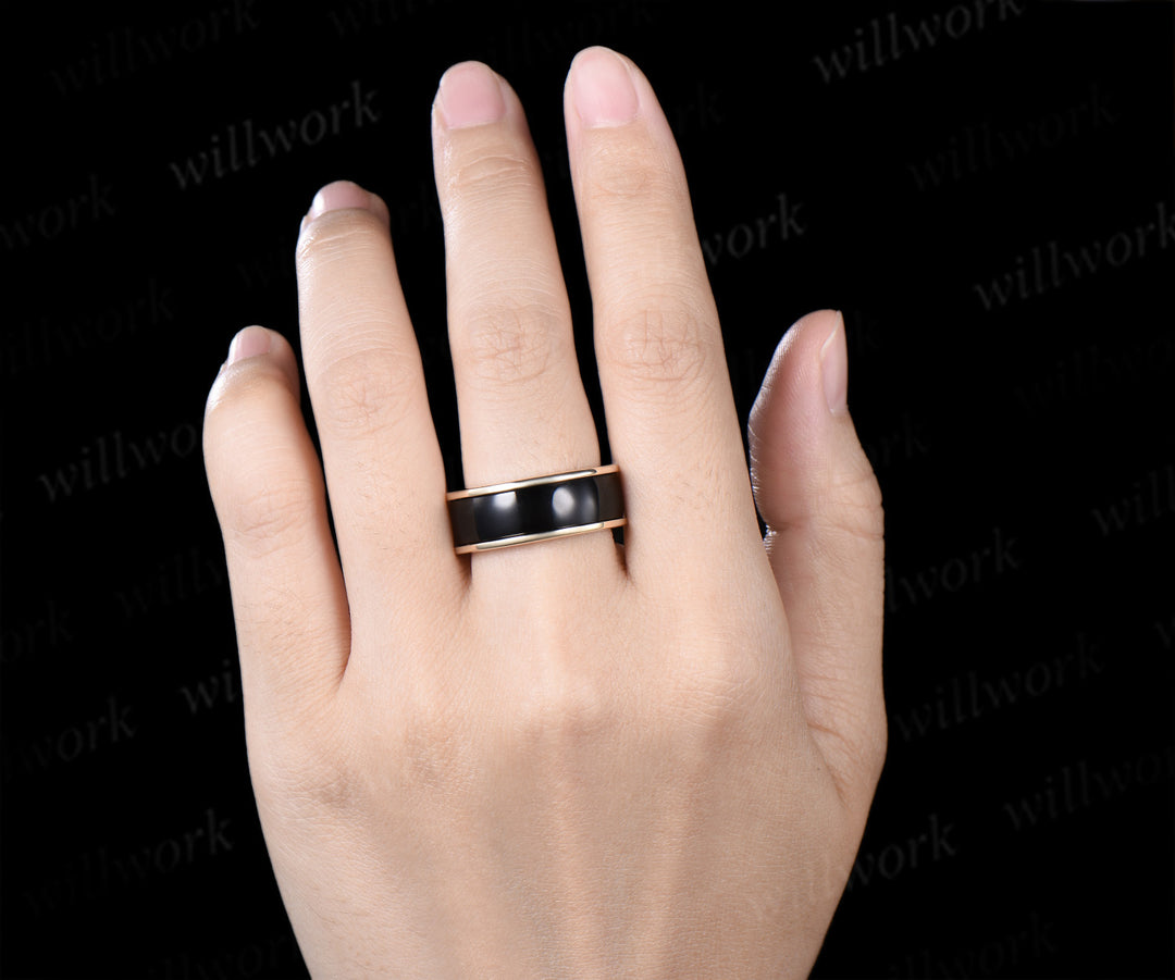 Unique Black Onyx Wedding Band for Men Black Onyx Inlay Ring Unique Modern Men Ring