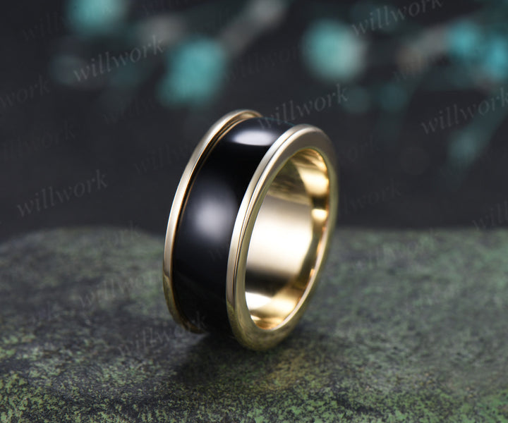 Unique Black Onyx Wedding Band for Men Black Onyx Inlay Ring Unique Modern Men Ring
