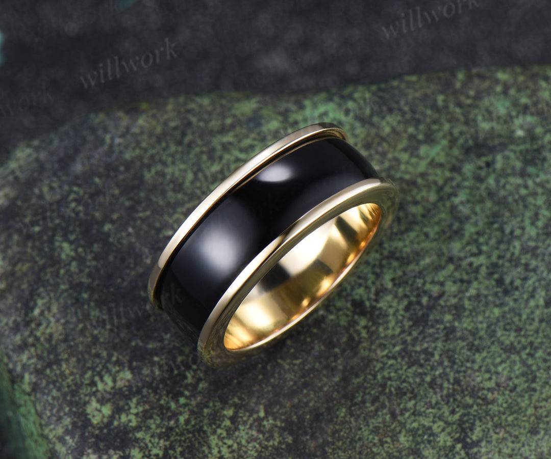 Unique Black Onyx Wedding Band for Men Black Onyx Inlay Ring Unique Modern Men Ring