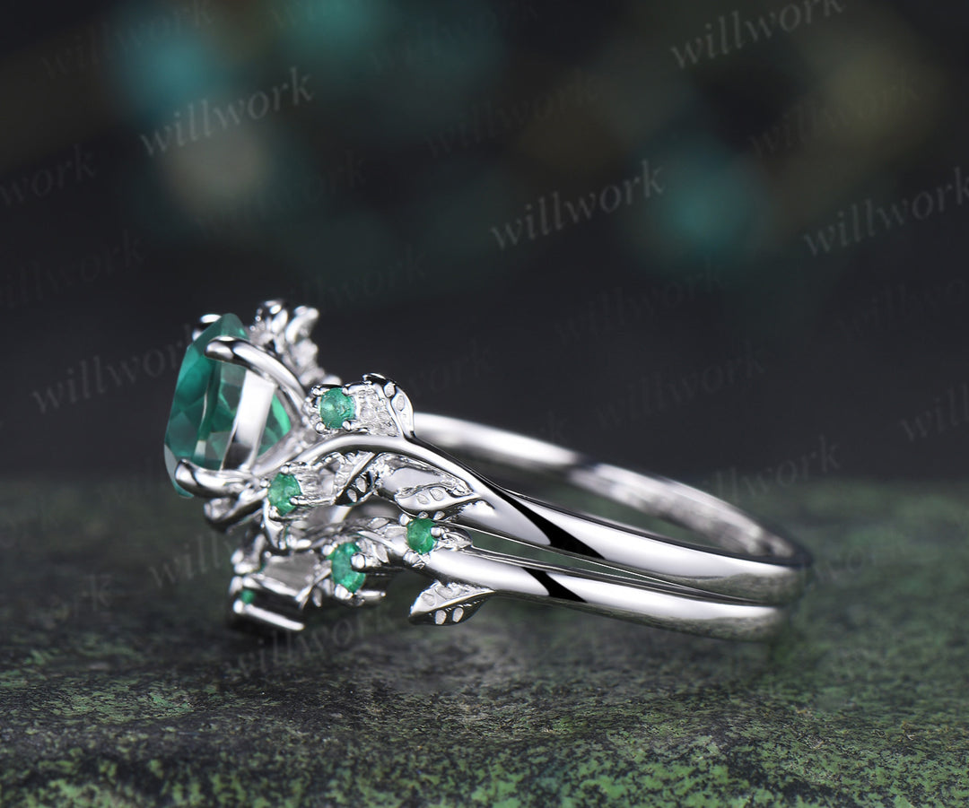 Round emerald engagement ring set natural emeralds leaf twig ring celtic knot wedding band nature inspired jewelry