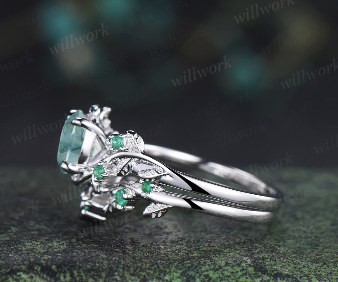 Unique round moss agate engagement ring set natural emeralds leaf branch ring celtic knot wedding band bridal set gifts for women