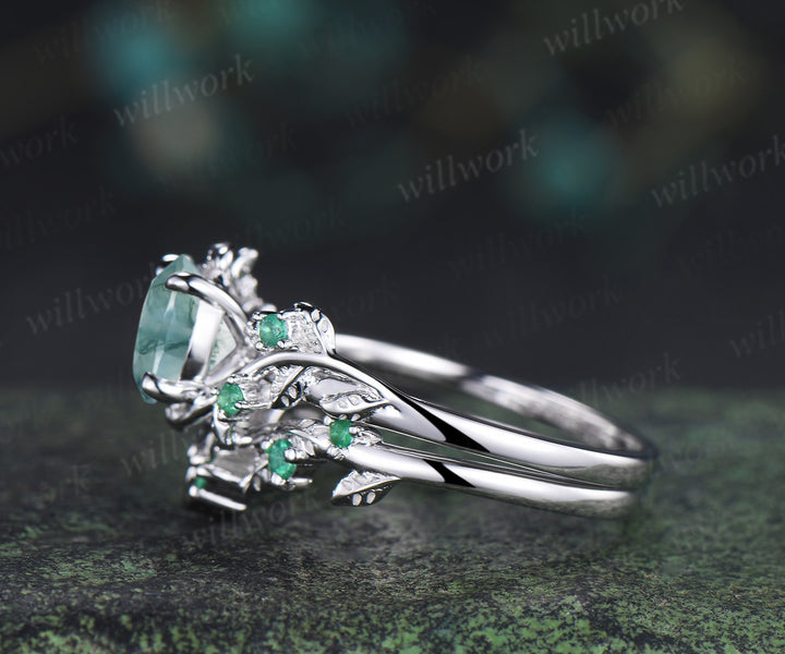 Unique round moss agate engagement ring set natural emeralds leaf branch ring celtic knot wedding band bridal set gifts for women