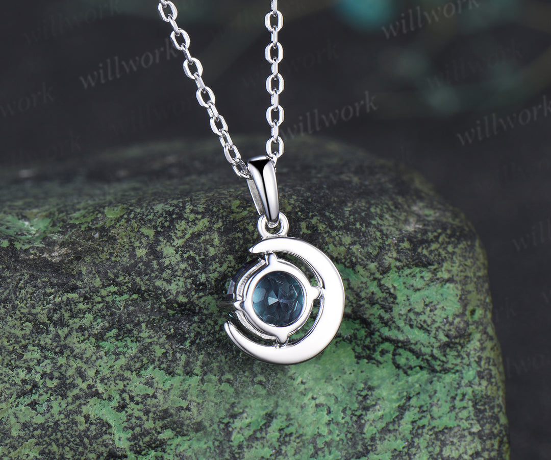 Round cut alexandrite necklace earring set alexandrite cluster unique moon pendant stud earrings jewelry gift