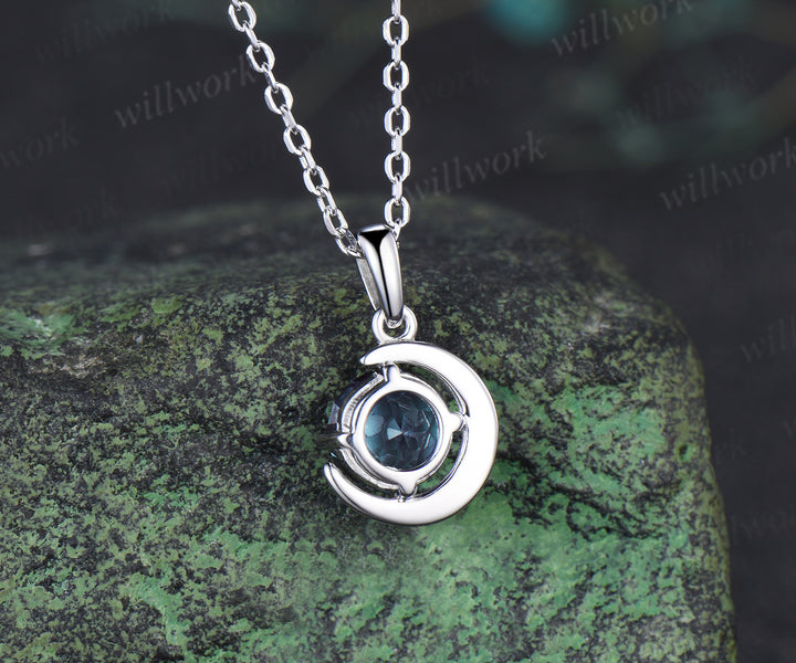 Round cut alexandrite necklace earring set alexandrite cluster unique moon pendant stud earrings jewelry gift