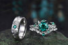 Nature Inspired Round Emerald Leaf Bridal Ring Set & Leaf Vine Floral Engraved Emerald Men Wedding Ring Vintage Couple Ring Set