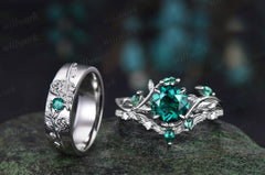 Nature Inspired Round Emerald Leaf Bridal Ring Set & Leaf Vine Floral Engraved Emerald Men Wedding Ring Vintage Couple Ring Set