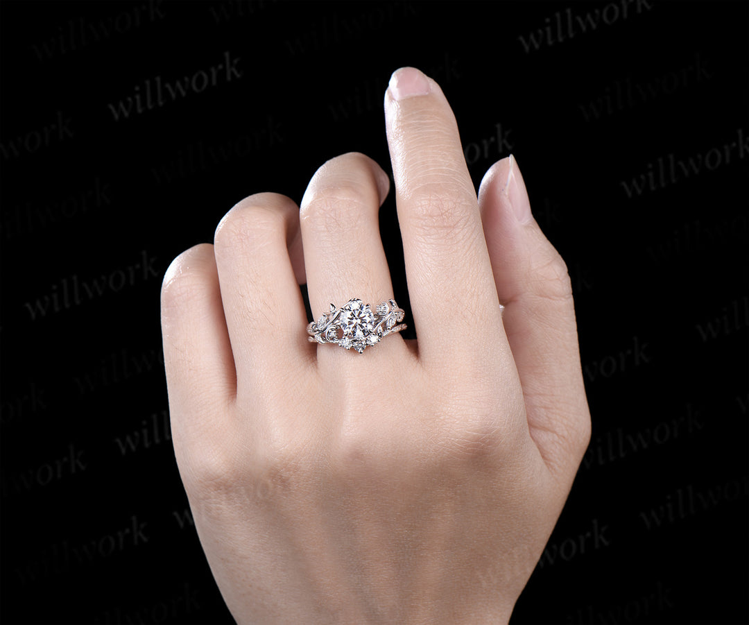 1ct round cut lab grown diamond engagement ring set unique moon leaves vines ring solid yellow gold bridal set