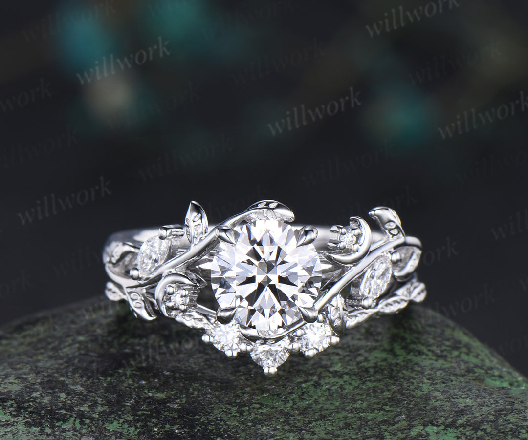1ct round cut lab grown diamond engagement ring set unique moon leaves vines ring solid yellow gold bridal set