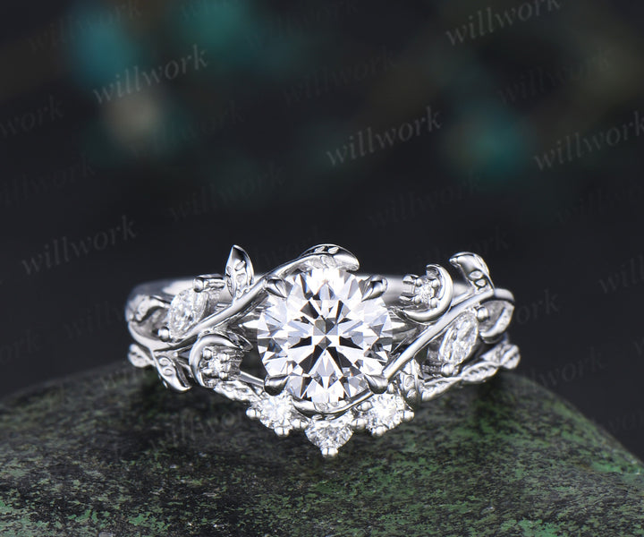 1ct round cut lab grown diamond engagement ring set unique moon leaves vines ring solid yellow gold bridal set