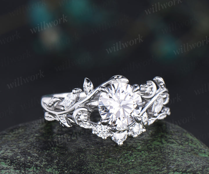 1ct round cut lab grown diamond engagement ring set unique moon leaves vines ring solid yellow gold bridal set