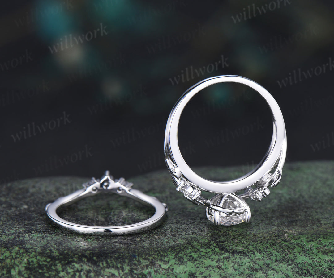1ct round cut lab grown diamond engagement ring set unique moon leaves vines ring solid yellow gold bridal set