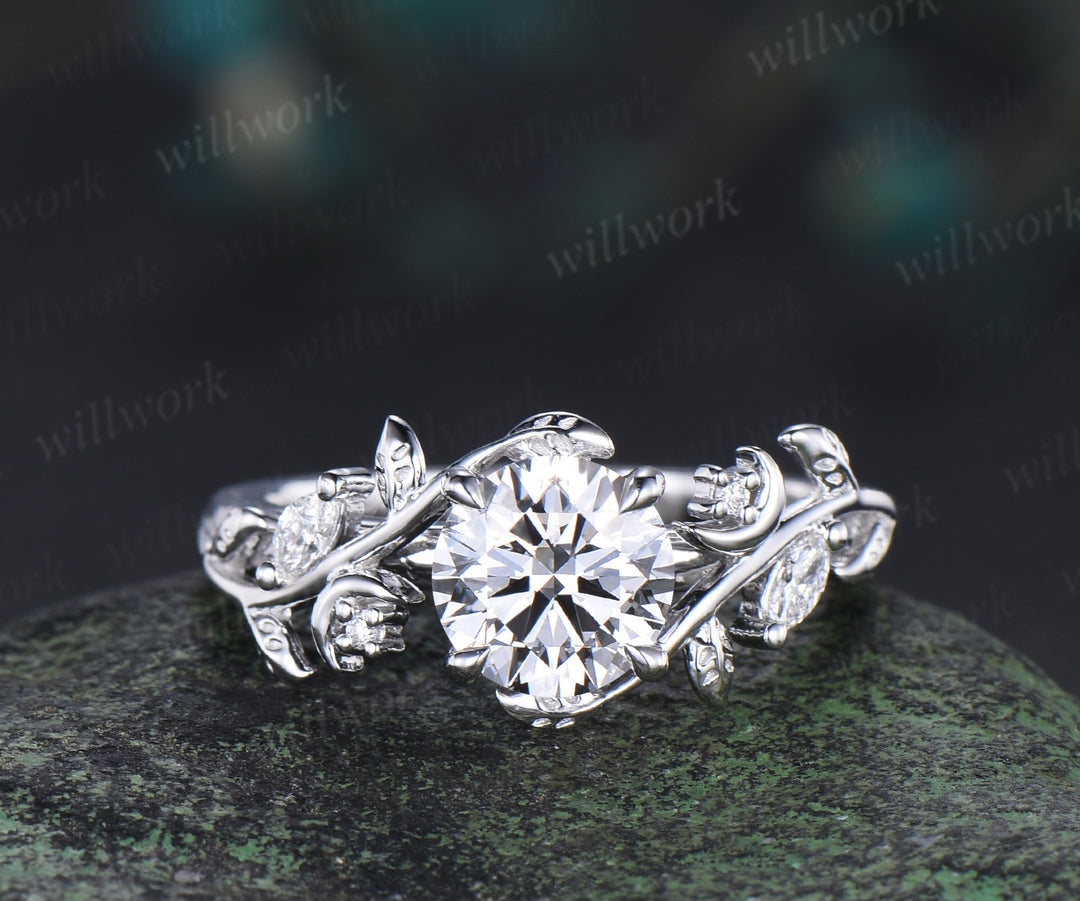 1ct round cut lab grown diamond engagement ring set unique moon leaves vines ring solid yellow gold bridal set