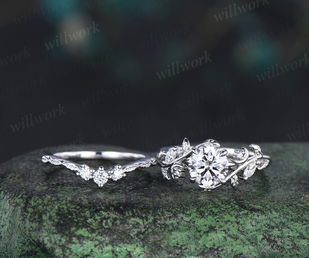 1ct round cut lab grown diamond engagement ring set unique moon leaves vines ring solid yellow gold bridal set