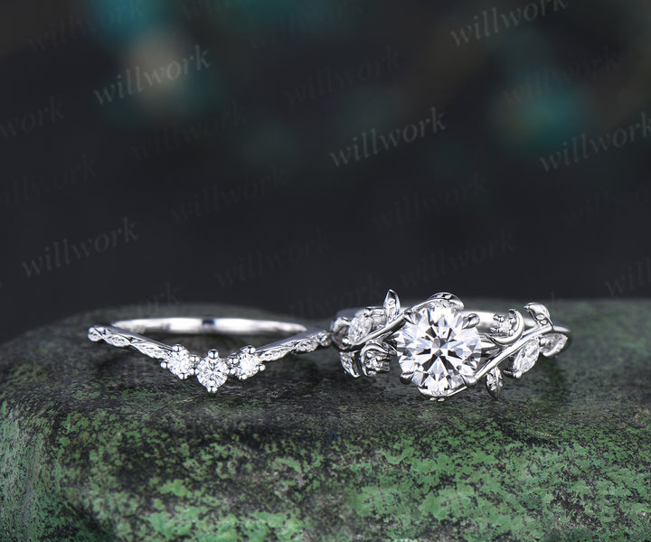 1ct round cut lab grown diamond engagement ring set unique moon leaves vines ring solid yellow gold bridal set