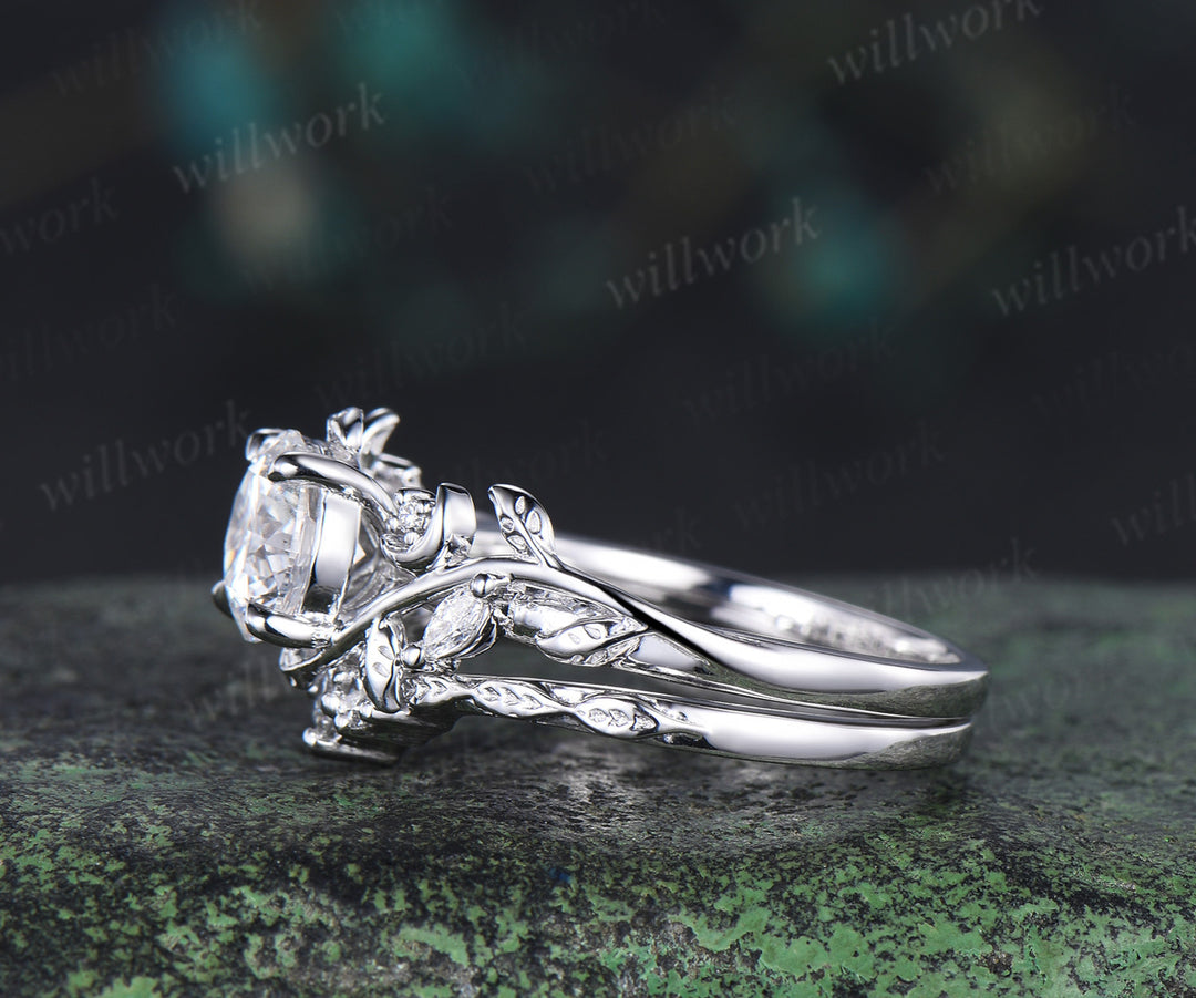 1ct round cut lab grown diamond engagement ring set unique moon leaves vines ring solid yellow gold bridal set