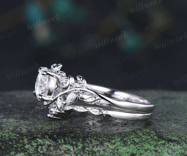 1ct round cut lab grown diamond engagement ring set unique moon leaves vines ring solid yellow gold bridal set