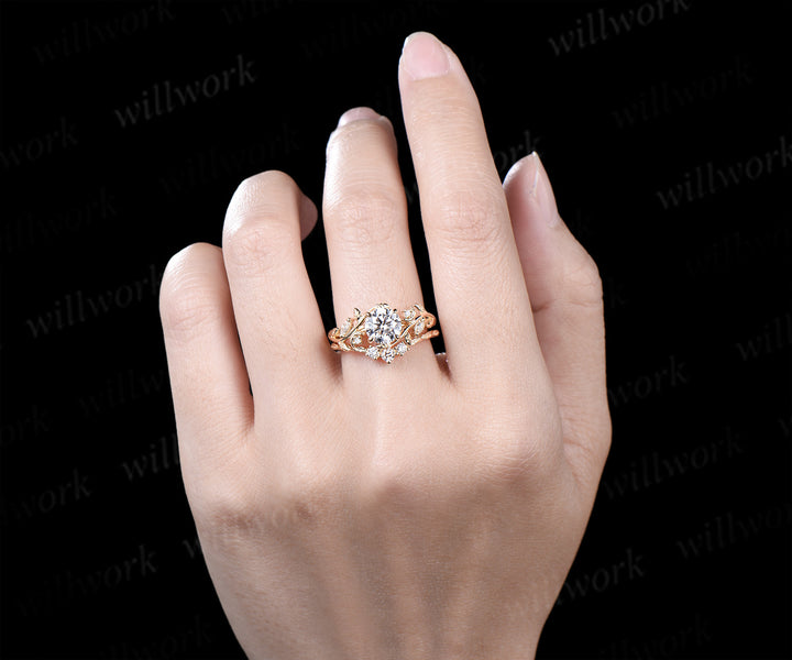 1ct round cut lab grown diamond engagement ring set unique moon leaves vines ring solid yellow gold bridal set