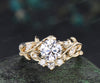 1ct round cut lab grown diamond engagement ring set unique moon leaves vines ring solid yellow gold bridal set
