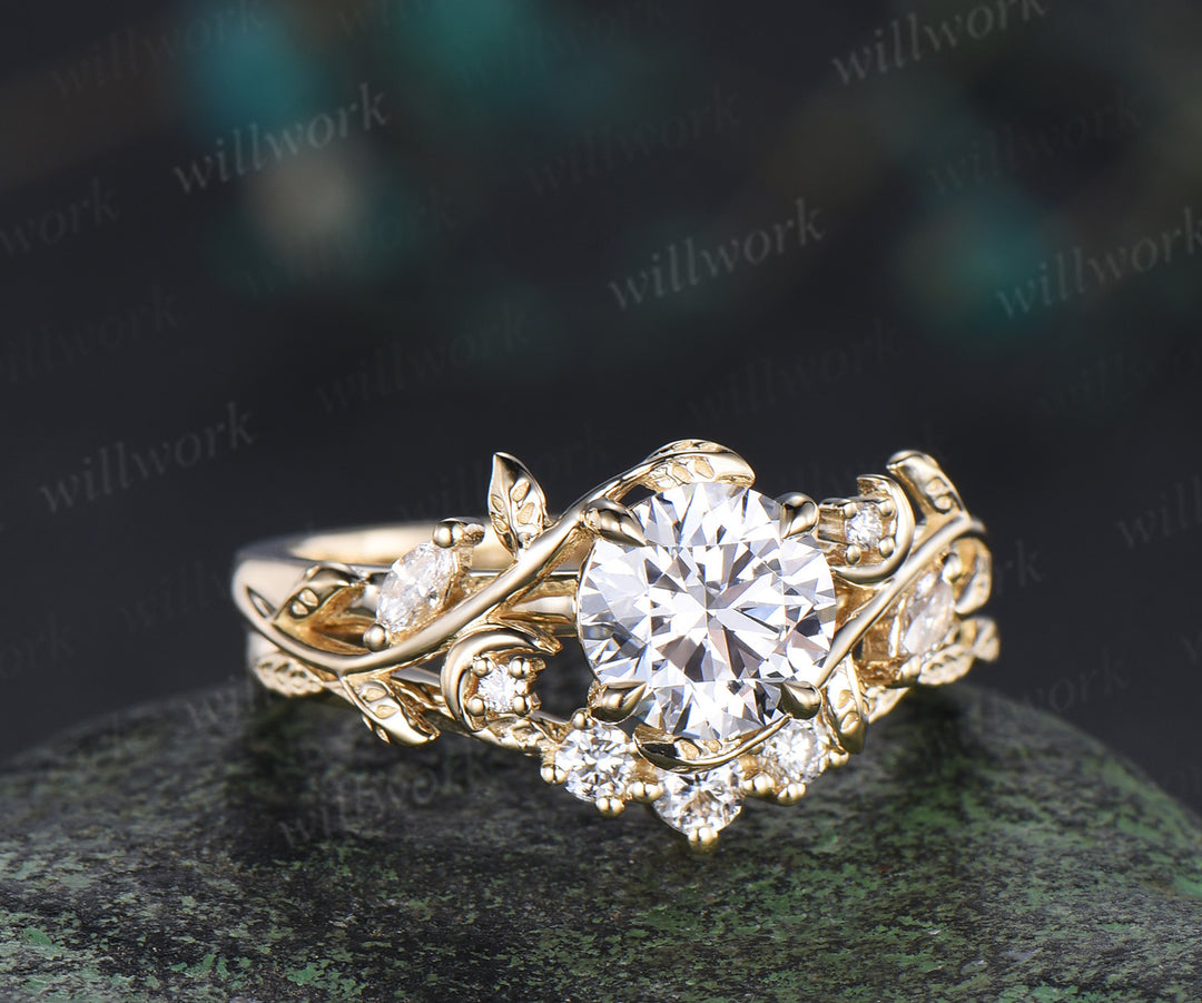 1ct round cut lab grown diamond engagement ring set unique moon leaves vines ring solid yellow gold bridal set