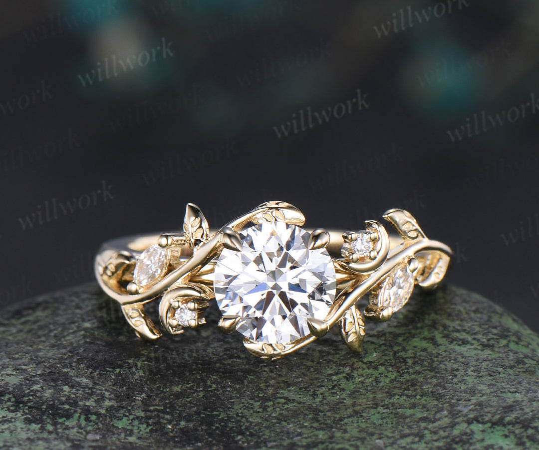 1ct round cut lab grown diamond engagement ring set unique moon leaves vines ring solid yellow gold bridal set
